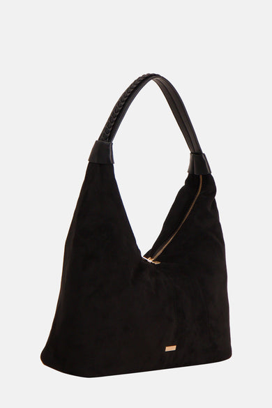 Sac à bandoulière noir de Morgan de Toi avec fermeture éclair dorée et anse tressée.