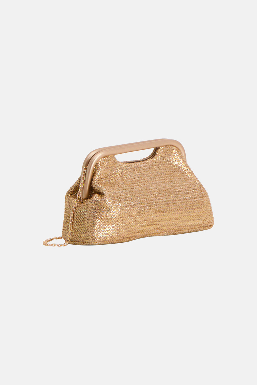 Gouden handtas van Morgan de Toi, van glanzende meshstof, met een stijve sluiting en zijdelingse ketting.
