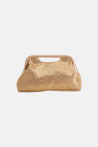 Sac à main doré de Morgan de Toi en maille texturée avec une fermeture à cadre métallique et une fine chaîne dorée.
