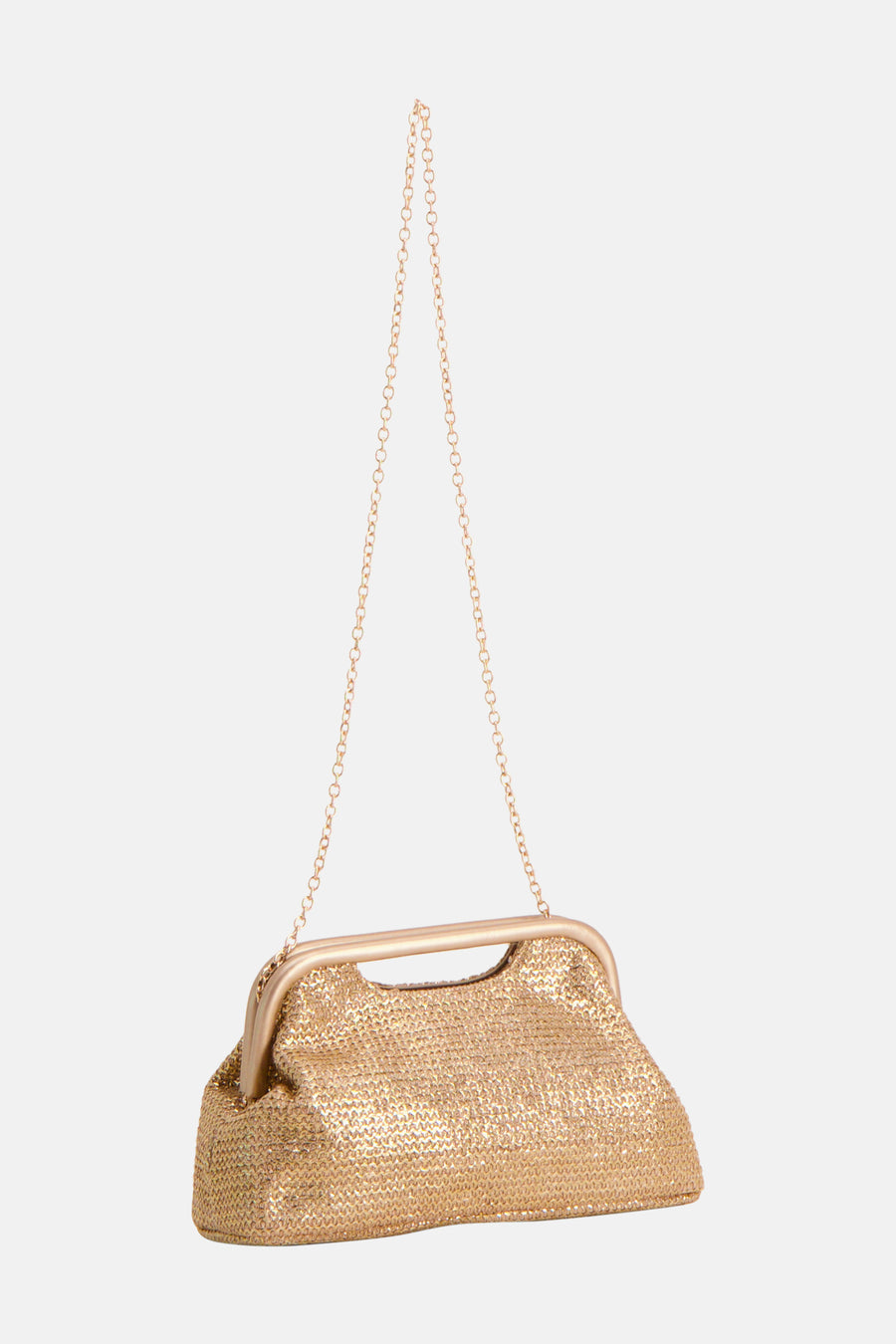 Gouden handtas van Morgan de Toi met glanzende gevlochten textuur, frame sluiting en dunne ketting.