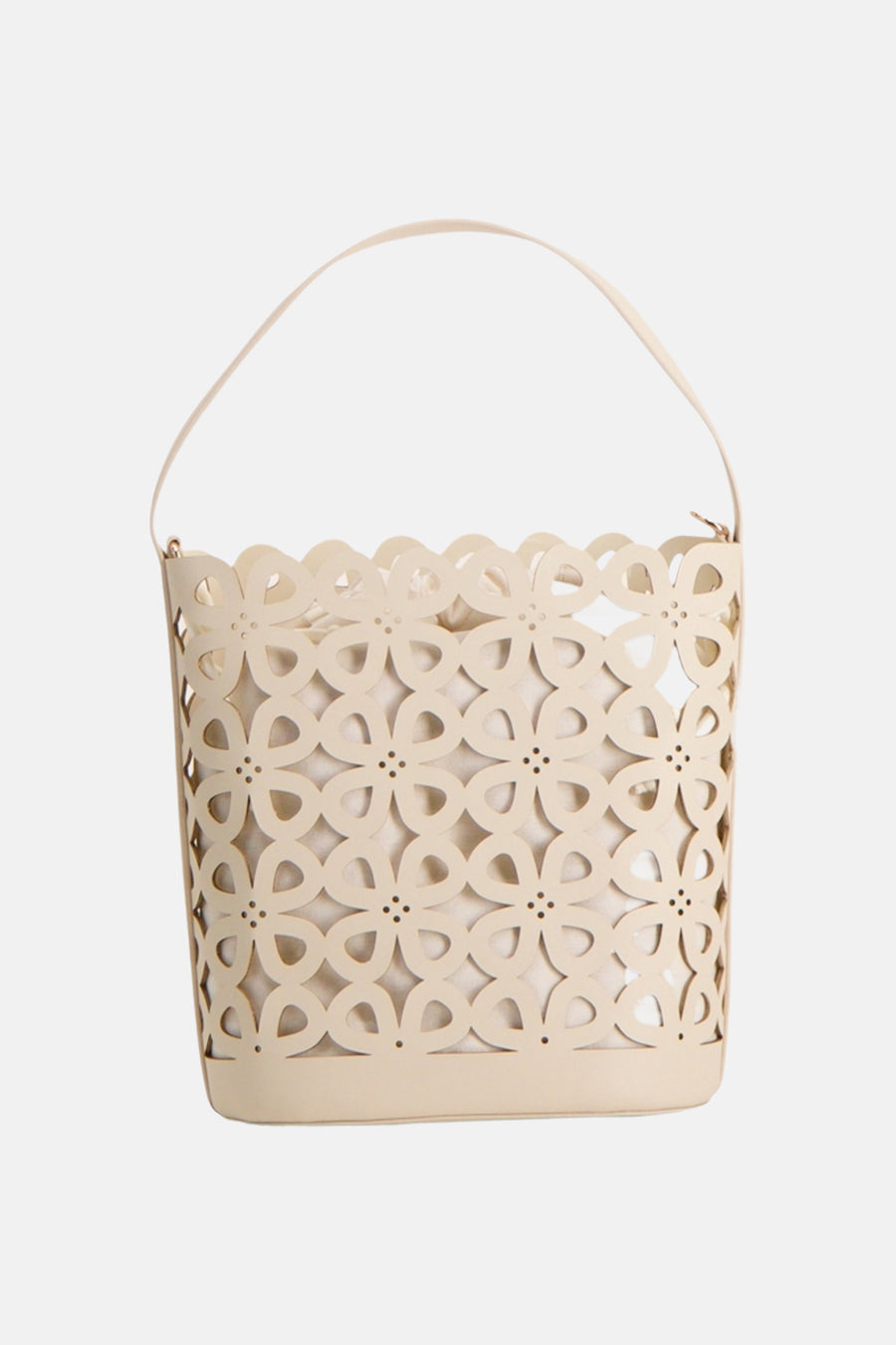 Sac à main beige de Morgan de Toi avec découpes florales et doublure intérieure visible.