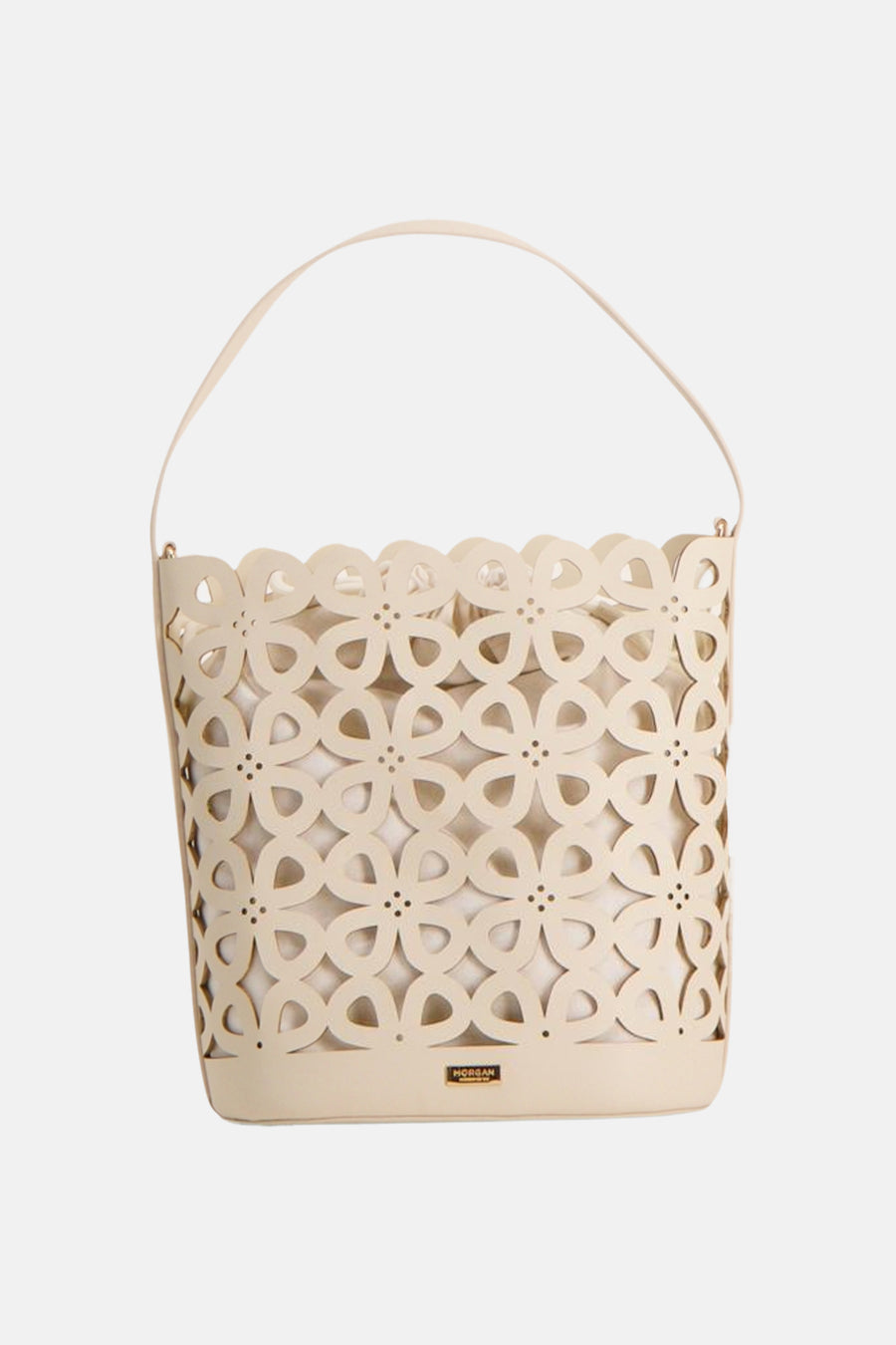 Beige handtas van Morgan de Toi, emmervormig model met lasergesneden bloemenpatroon en enkele handgreep.