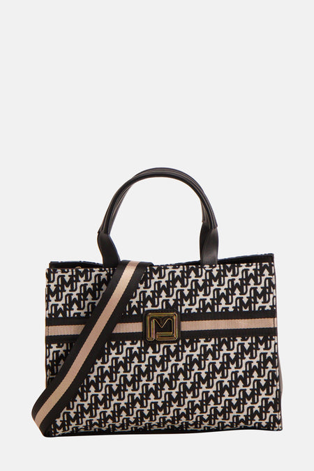 Sac à main multicolore de Morgan de Toi avec motif monogramme, bandoulière rayée et finitions en similicuir noir.
