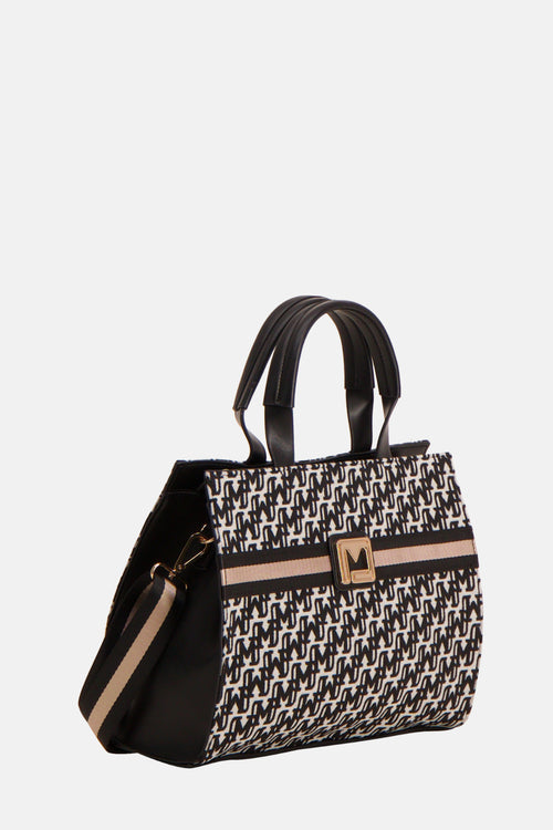 Multikleuren handtas van Morgan de Toi, met letterpatroon, decoratieve streep en bijpassende schouderriem.