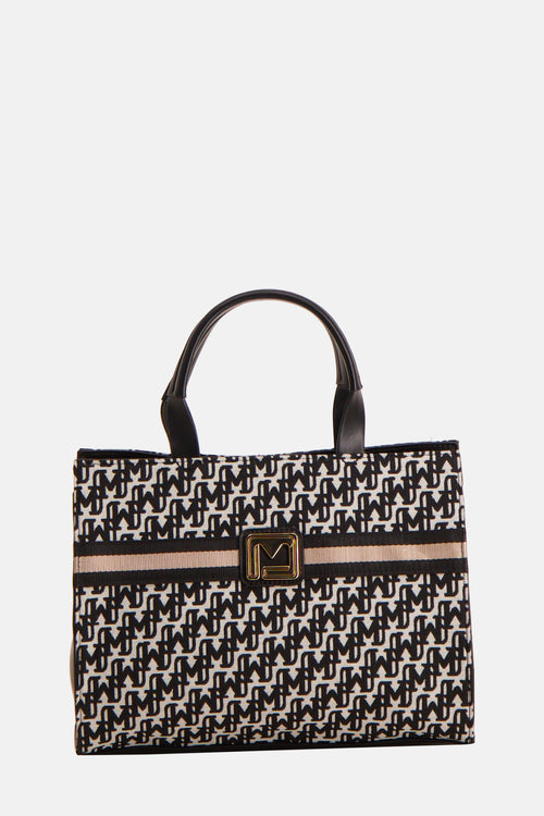 Multikleuren handtas van Morgan de Toi, met zwart-wit monogrampatroon en decoratieve strepen.