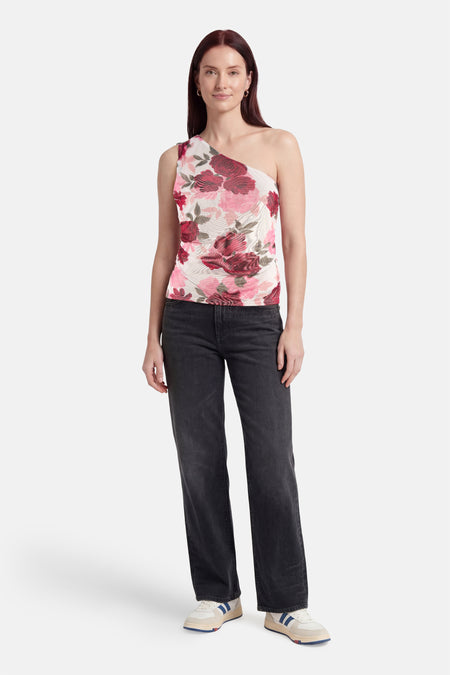 T-shirt multicolore texturé de Morgan de Toi à motif floral rose et blanc, coupe asymétrique à une épaule.