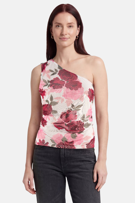 T-shirt multicolore de Morgan de Toi en tissu texturé, coupe asymétrique à une épaule, motif floral.
