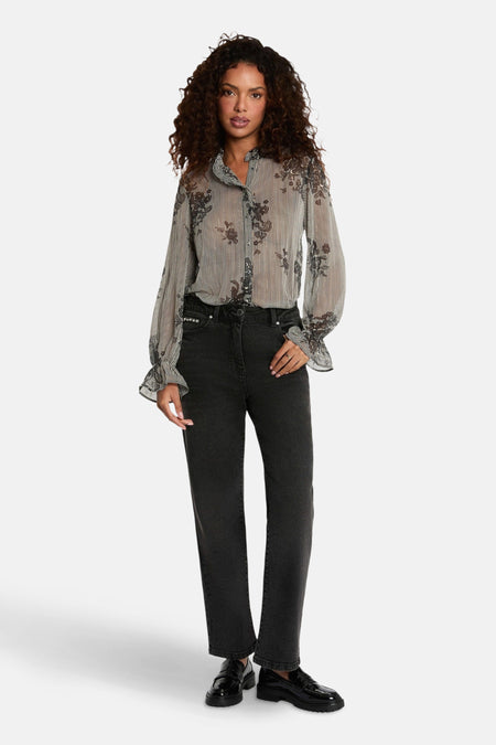 Chemisier à manches longues multicolore de Morgan de Toi avec rayures verticales et motif floral.