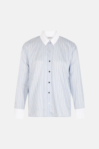 Chemise à manches longues bleue à rayures fines de Morgan de Toi, avec col et poignets blancs, boutonnée.