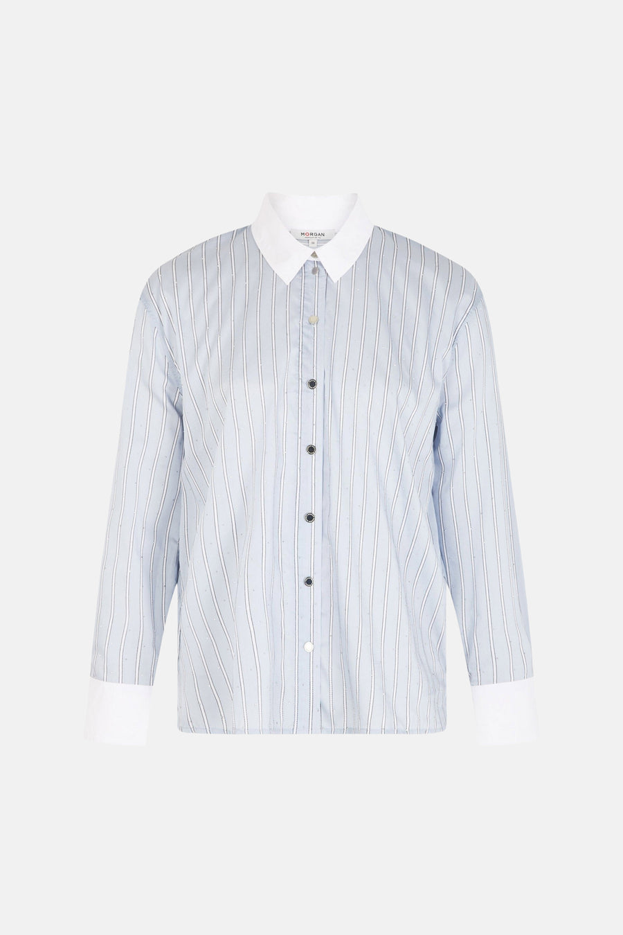 Chemise à manches longues bleue à rayures fines de Morgan de Toi, avec col et poignets blancs, boutonnée.