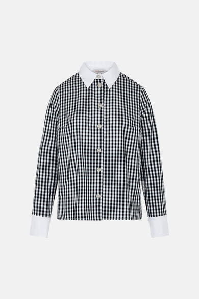 Chemise à manches longues noire et blanche à carreaux, de Morgan de Toi, avec boutons décoratifs et col blanc.
