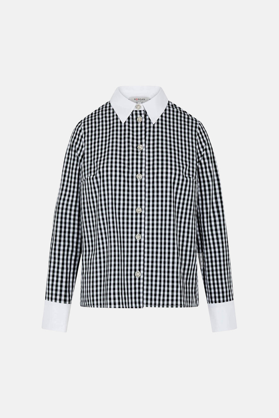 Chemise à manches longues noire et blanche à carreaux, de Morgan de Toi, avec boutons décoratifs et col blanc.
