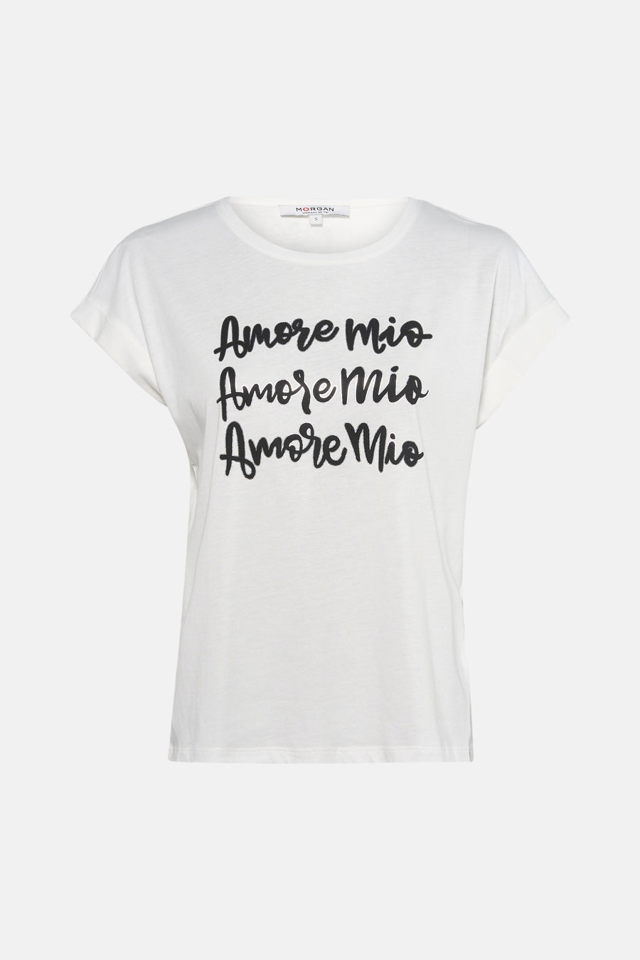 Wit T-shirt met korte mouwen van Morgan de Toi, met een herhaald "Amore Mio" motief.