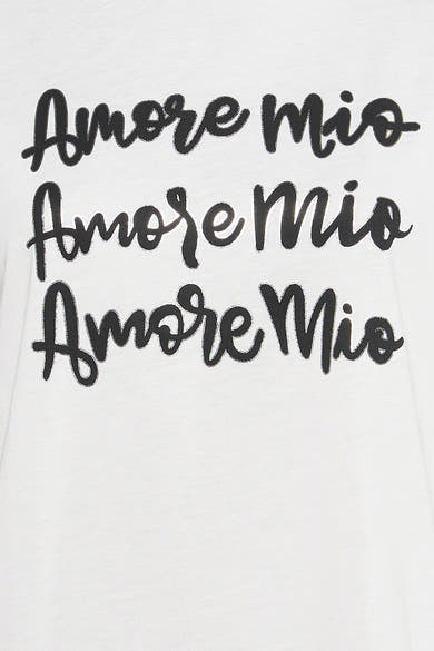 Wit T-shirt met korte mouwen van Morgan de Toi met zwarte "Amore Mio" letters.