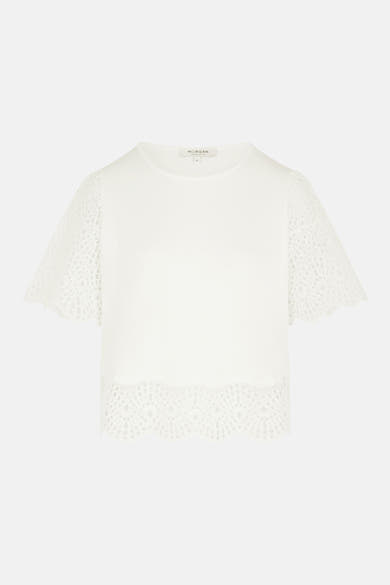 T-shirt blanc uni à manches courtes de Morgan de Toi avec détails en dentelle ajourée.