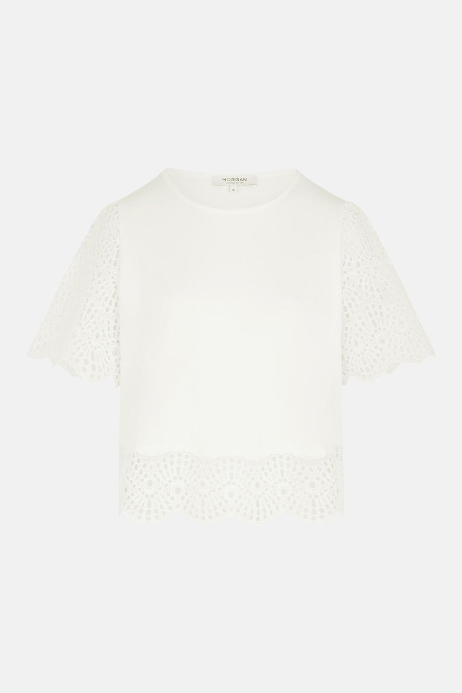 T-shirt blanc uni à manches courtes de Morgan de Toi avec détails en dentelle ajourée.