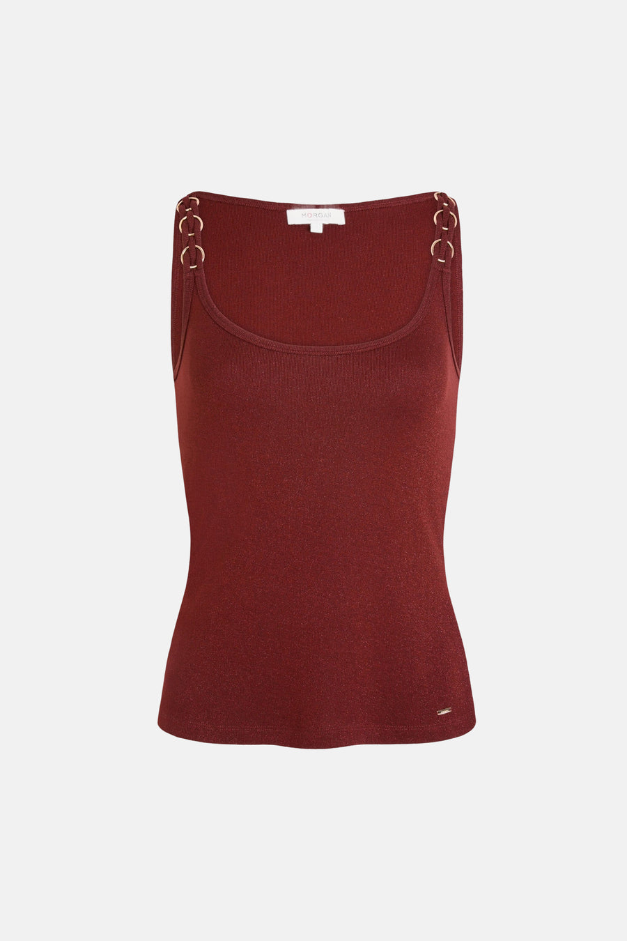 Geribd top in baksteenkleur met dunne bandjes van Morgan de Toi, versierd met gouden ringen en een klein metalen label.