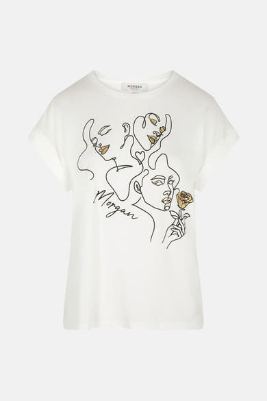 Wit T-shirt met korte mouwen van Morgan de Toi met abstracte gezichtsprint en handgeschreven logo.