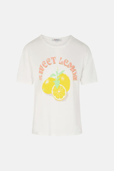 T-shirt blanc à manches courtes de Morgan de Toi avec motif imprimé de citrons et lettrage.