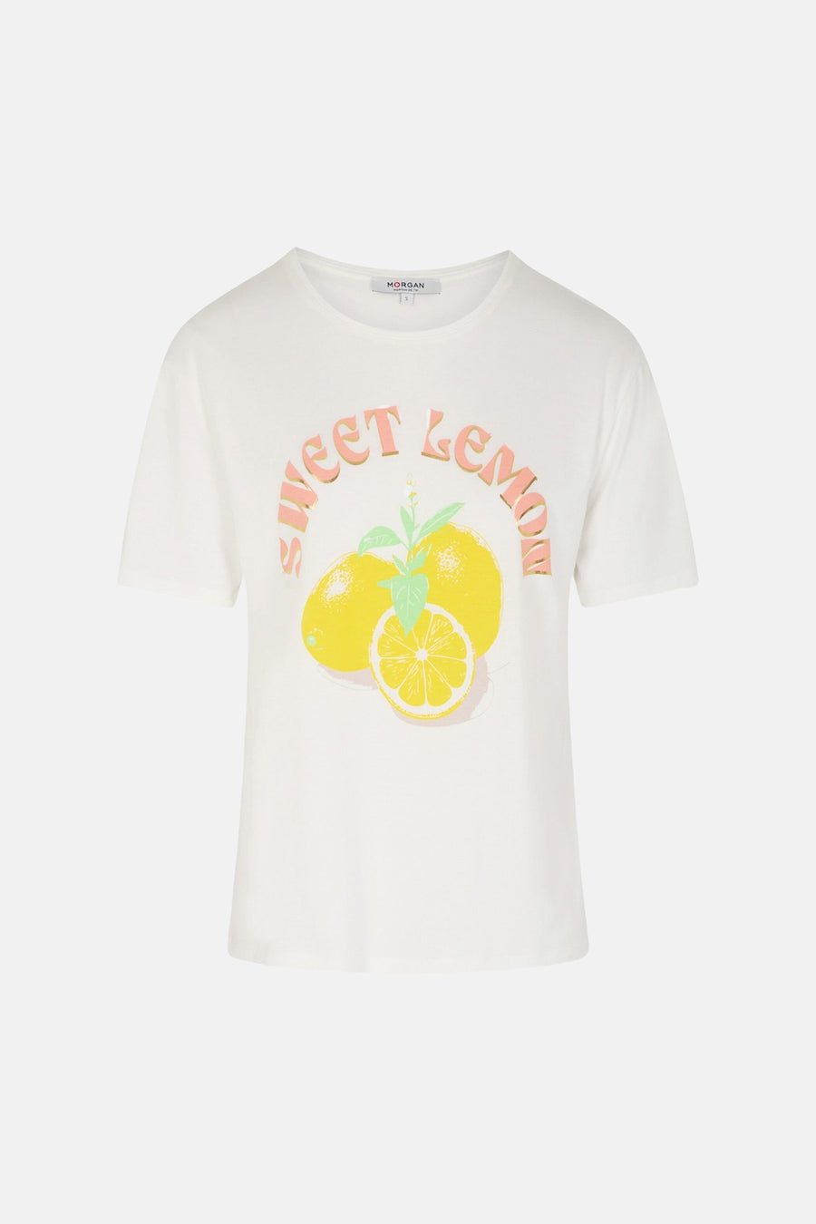T-shirt blanc à manches courtes de Morgan de Toi avec motif imprimé de citrons et lettrage.