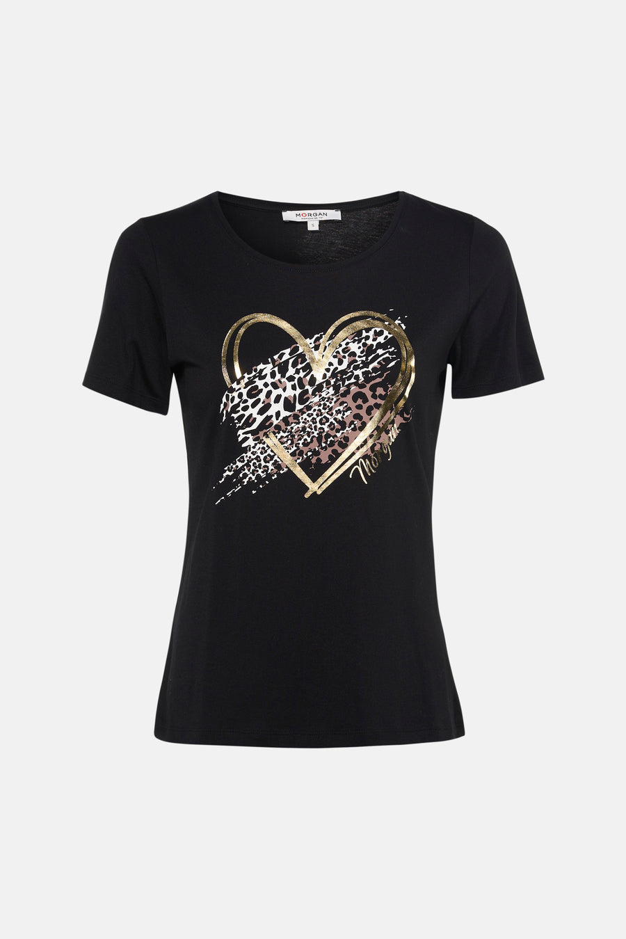 T-shirt noir à manches courtes de Morgan de Toi avec motif cœur léopard doré.