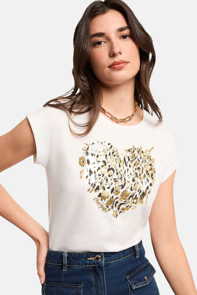 T-shirt blanc à manches courtes de Morgan, avec imprimé en forme de coeur à motif léopard doré.