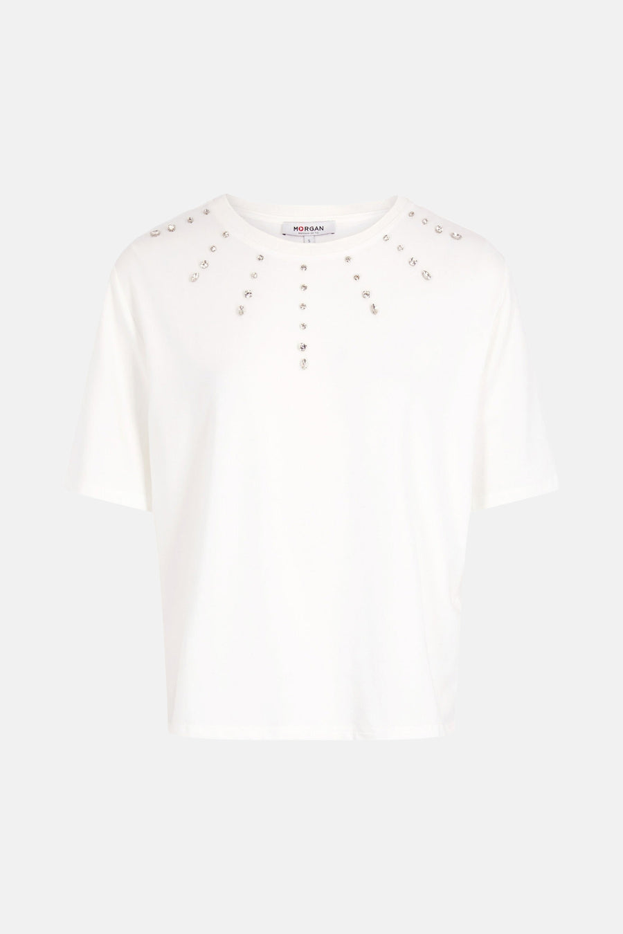 Wit T-shirt met korte mouwen van Morgan de Toi, versierd met decoratieve strass-steentjes aan de bovenkant.