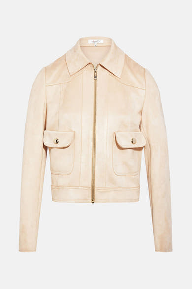 Veste courte beige en suède de Morgan, avec fermeture éclair dorée et poches à rabat.