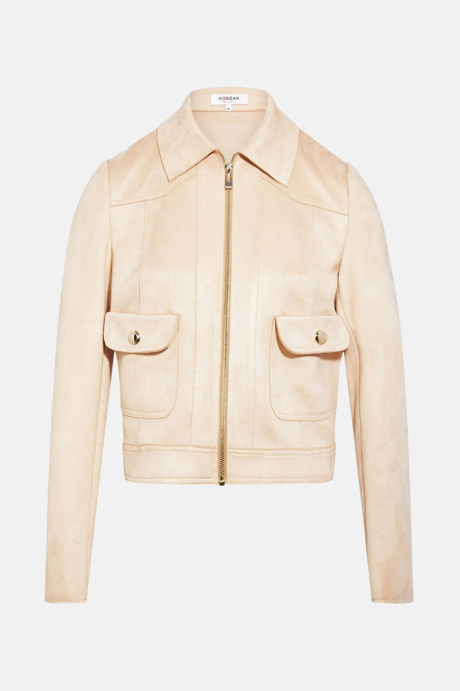 Veste courte beige en suède de Morgan, avec fermeture éclair dorée et poches à rabat.