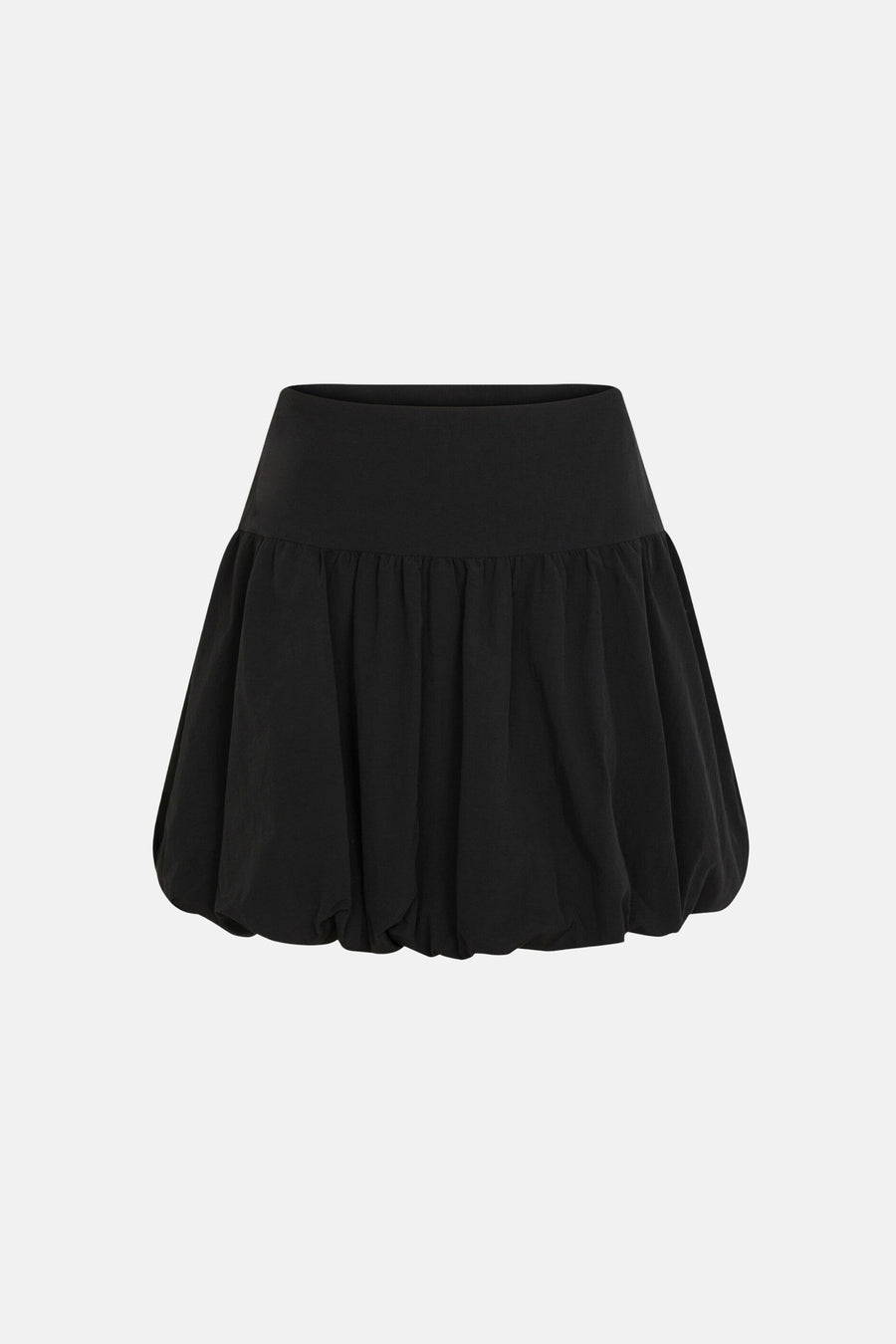 Jupe courte noire de Morgan de Toi, style ballon, avec un tissu drapé et texturé.