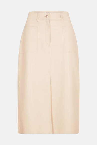Beige 3/4 rok van Morgan de Toi, met opgestikte zakken en een split aan de voorkant.