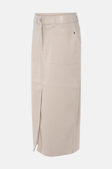 Beige 3/4 rok van Morgan de Toi, met een split aan de voorkant en een opgestikte zak.