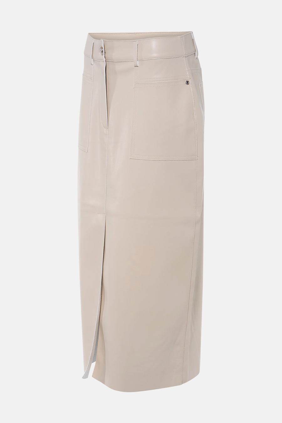 Beige 3/4 rok van Morgan de Toi, met een split aan de voorkant en een opgestikte zak.