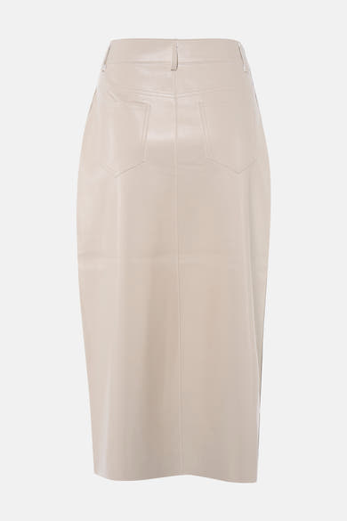 Beige halflange rok van Morgan de Toi, met achterzakken en een kokerrokmodel, van achteren gezien.