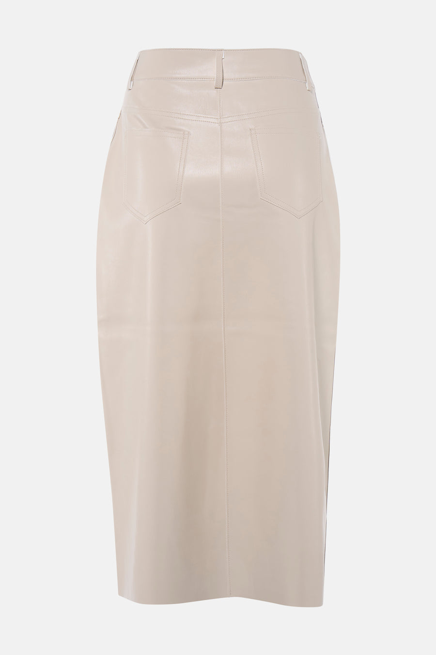 Beige halflange rok van Morgan de Toi, met achterzakken en een kokerrokmodel, van achteren gezien.