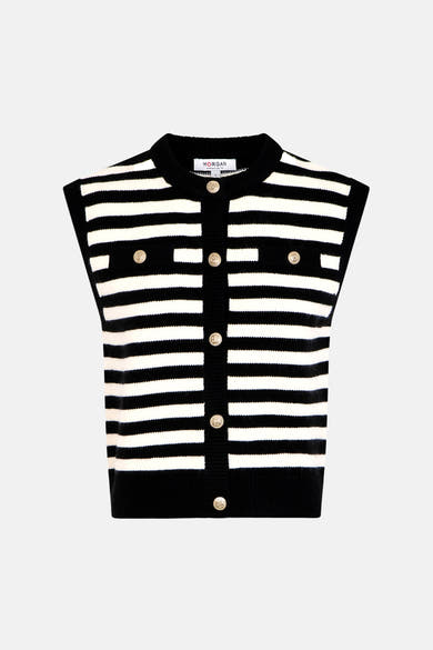 Gilet rayé noir et blanc par Morgan de Toi, avec boutons dorés et fausses poches.
