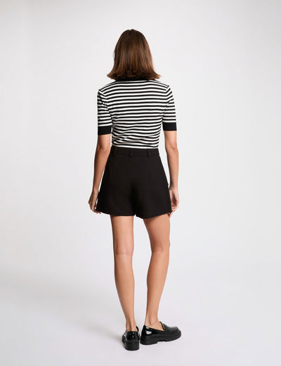 Black round-neck sweater with white horizontal stripes, short sleeves, and ribbed cuffs, shown from back on model wearing black shorts and loafers