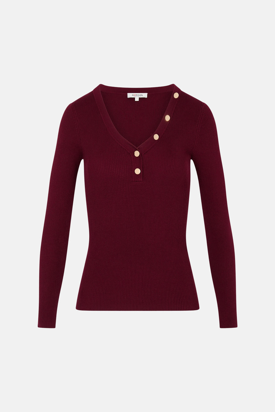Burgundy ribbed V-neck sweater with gold buttons by Morgan, front view, long sleeves, fitted silhouette