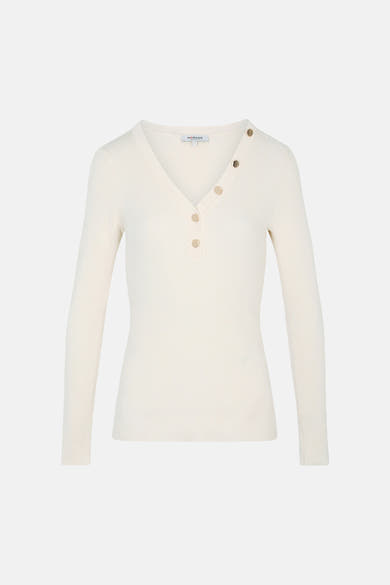 Ecru ribbed V-neck sweater by Morgan with front button placket, long sleeves, and clean fit, front view