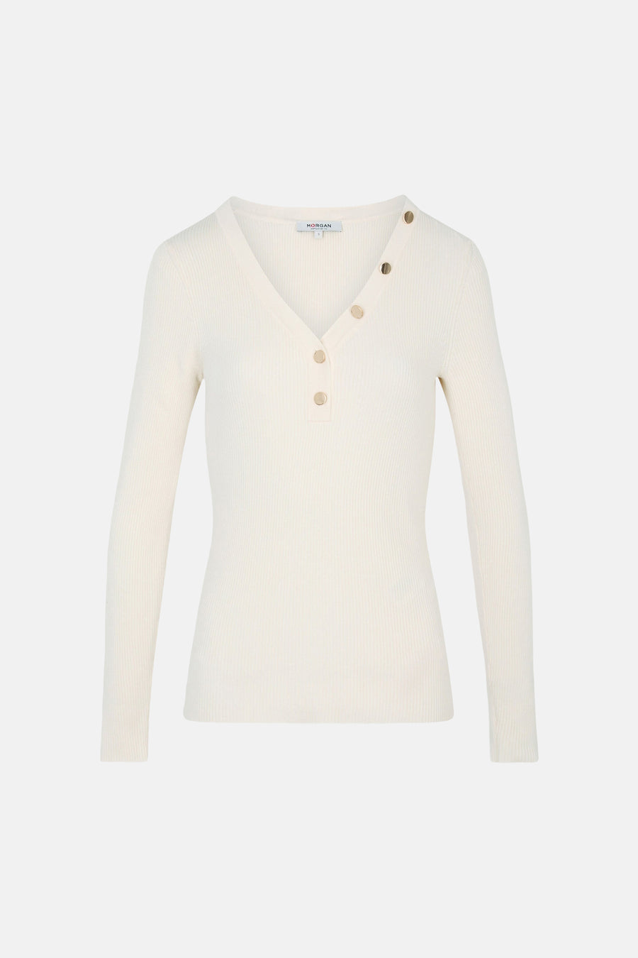 Ecru ribbed V-neck sweater by Morgan with front button placket, long sleeves, and clean fit, front view