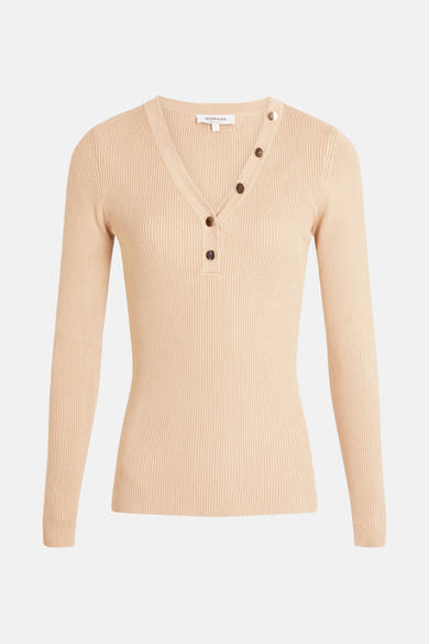 T-shirt à manches longues beige de Morgan, en maille côtelée avec boutons décoratifs.