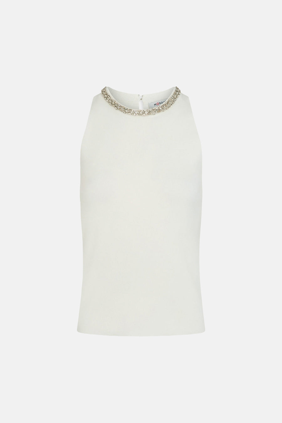 Top sans manches blanc de Morgan de Toi avec une encolure ornée de chaînes de strass.
