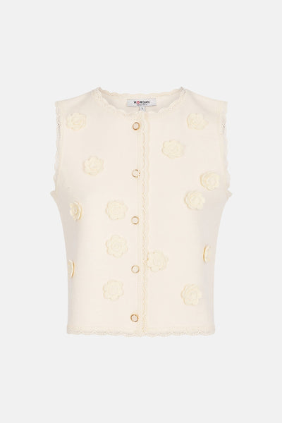 Ecru vest van Morgan de Toi, versierd met reliëfbloemen en afgewerkt met kant.