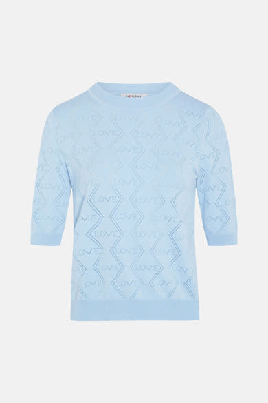 Ronde hals trui van Morgan de Toi in het blauw met een "LOVE" ruitpatroon met ajoursteken en halflange mouwen.