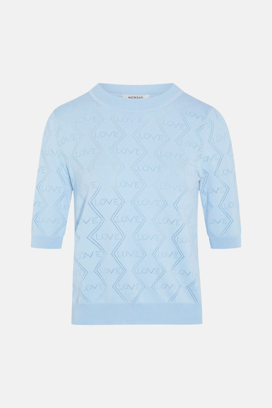 Ronde hals trui van Morgan de Toi in het blauw met een "LOVE" ruitpatroon met ajoursteken en halflange mouwen.