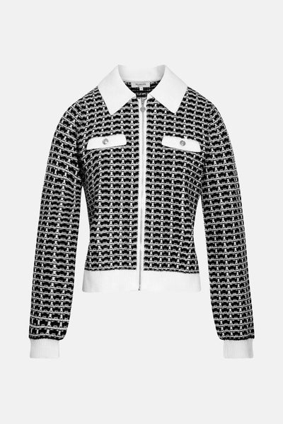 Cardigan noir zippé de Morgan de Toi, à carreaux, avec col et finitions blanches, poches poitrine décoratives.
