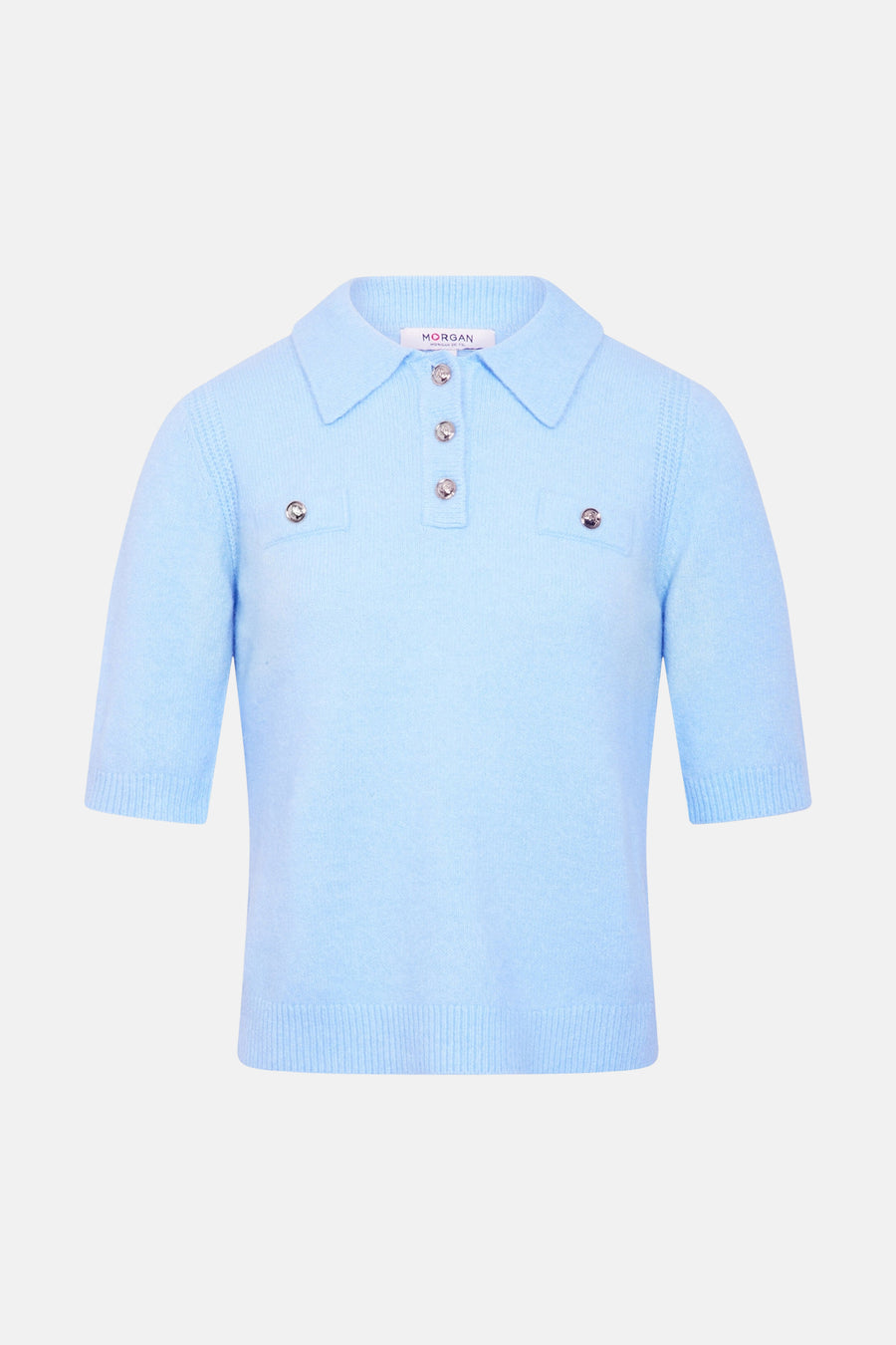Pull bleu en maille de Morgan de Toi, avec col polo, boutons décoratifs et poches plaquées.

