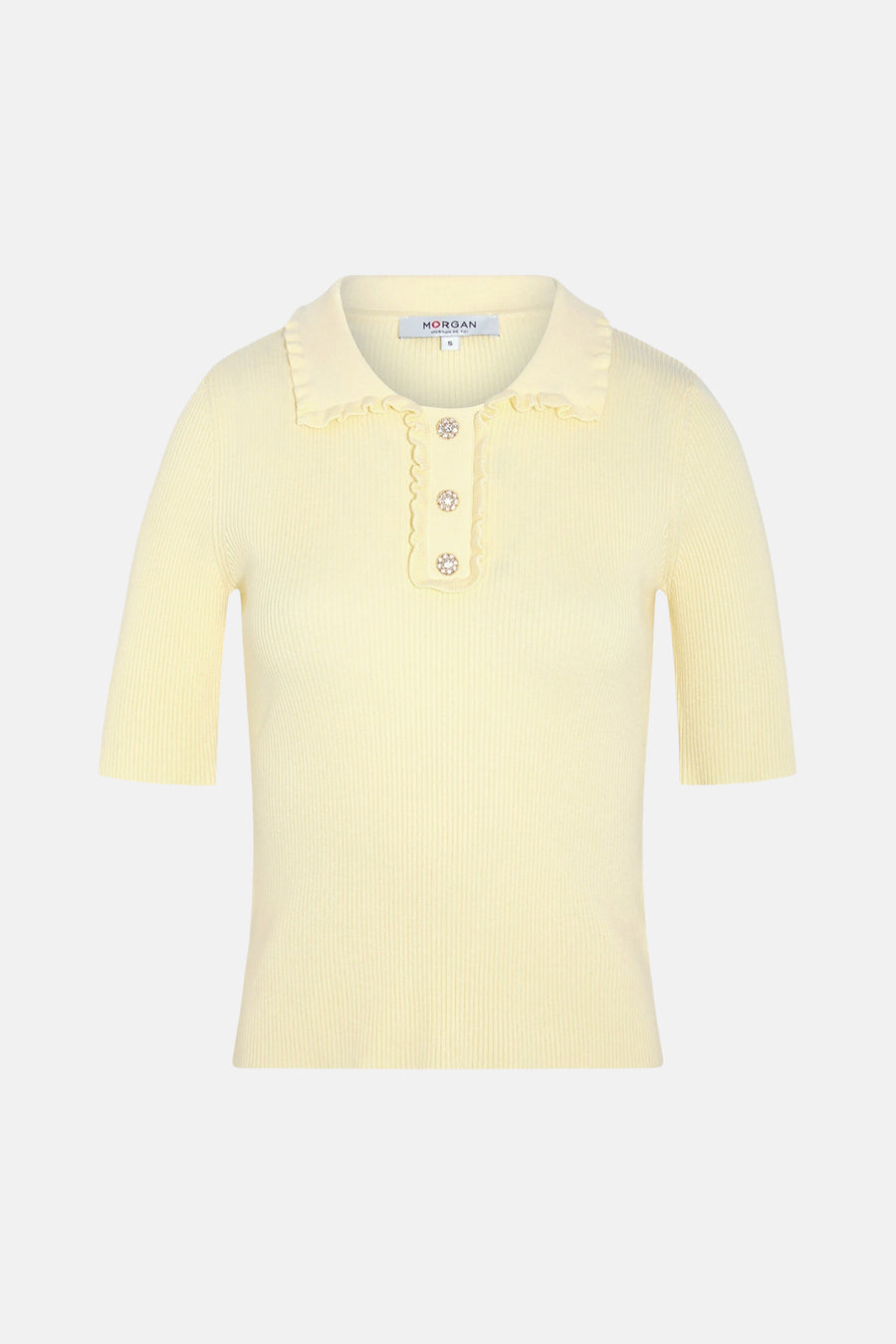 Polo jaune en maille côtelée de Morgan de Toi, orné de boutons décoratifs et d'un col à volants.