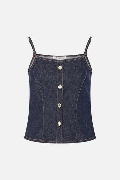Top en jean bleu foncé de Morgan de Toi, à bretelles fines, avec cinq boutons décoratifs et surpiqûres contrastantes jaunes.