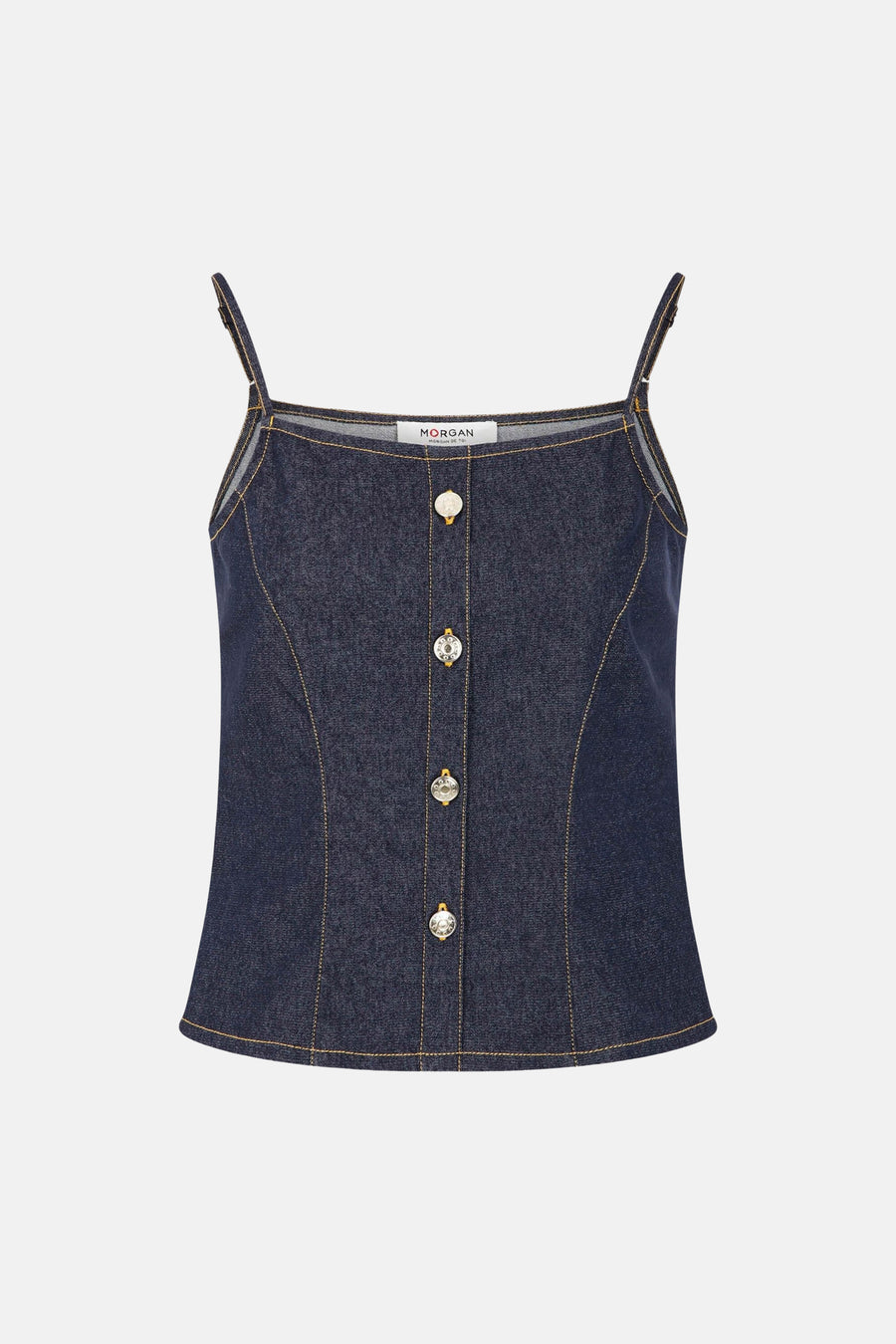 Top en jean bleu foncé de Morgan de Toi, à bretelles fines, avec cinq boutons décoratifs et surpiqûres contrastantes jaunes.